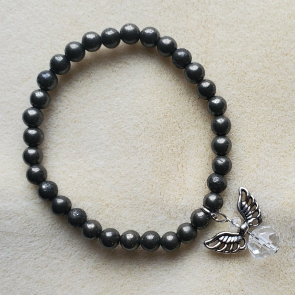 Natural Gemstone "Pyrite" Healing Bracelet with clear bead Angel Charm